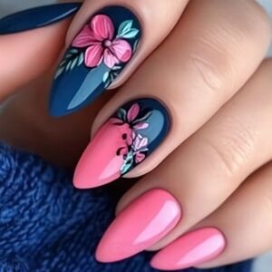 🔥3/$21 Floral Nail Art in Pink and Blue Press On Nails Set